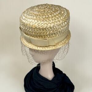 Vintage 1950s Birdcage Veil Cocktail Hat Jackie O Champagne Straw